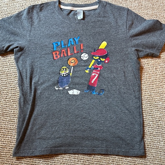 Pete the Cat size youth medium Gray Play Ball baseball Graphic T-Shirt - Picture 1 of 4